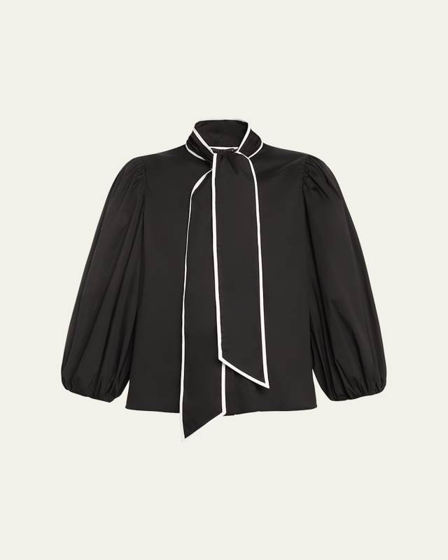 Lou Bowtie Button-Front Poplin Blous